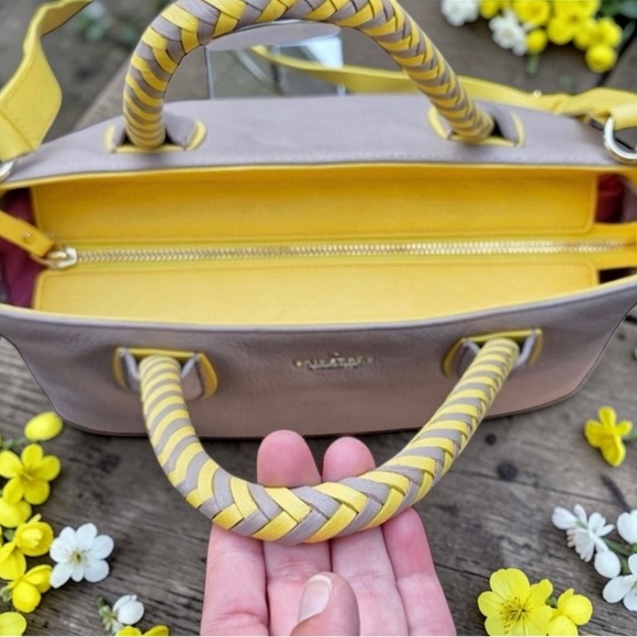 Kate Spade Woods Drive Leather Satchel Taupe Yellow Braided Handle Storybook - Picture 3 of 6